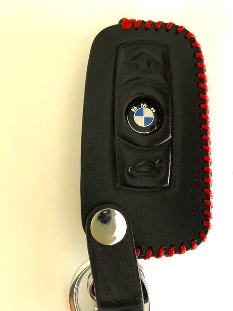 牛革ジャストフィット BMW スマートキーケース Eシリーズ 黒色縫い糸赤 BMW キーケース BMW E キーケース 1
