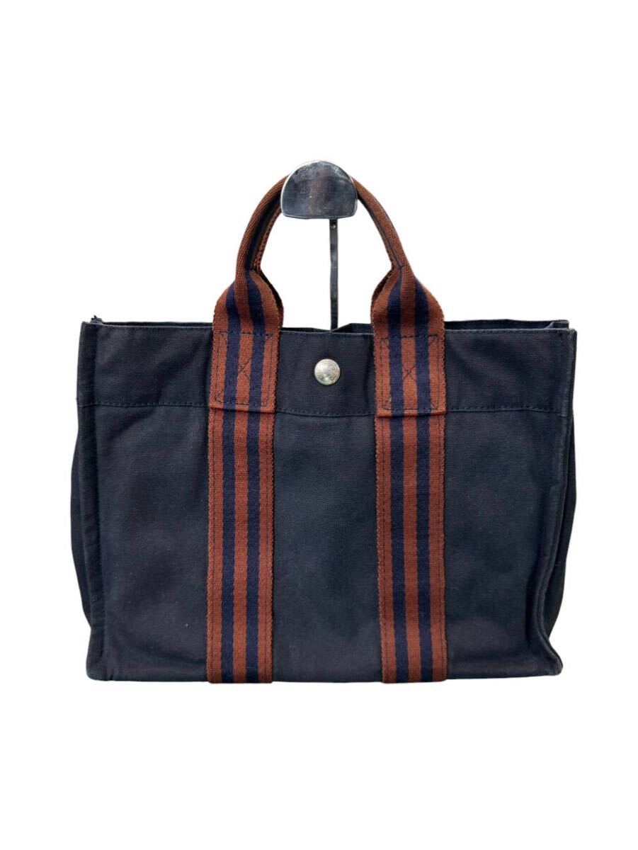 HERMES エルメス フールトゥPM 色褪せありトートバッグ キャンバス 無地 ネイビー ブラウン ハンドバッグ #ki #16550