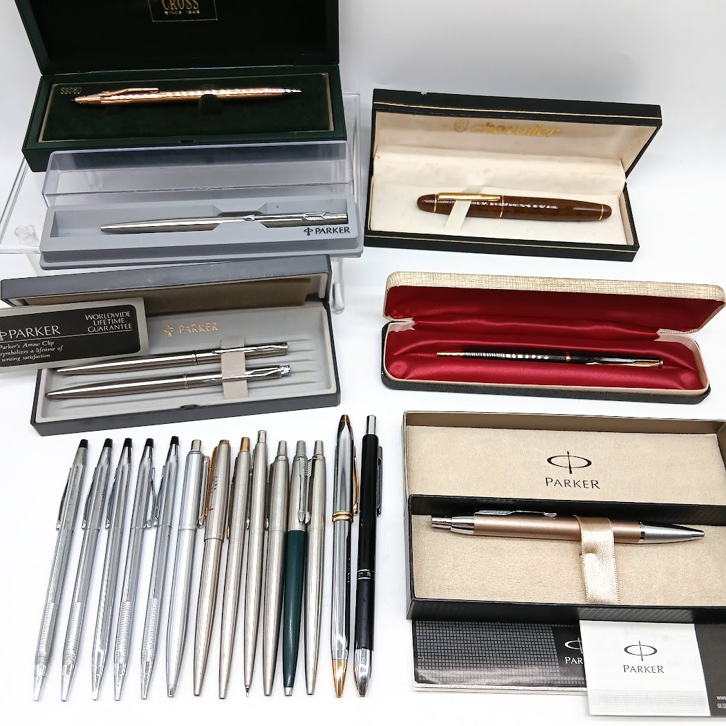 【AF-15】筆記具21品おまとめ　CROSS　PARKER　SHEAFFER　chevalier他　ボールペン/シャープペンシル　ブランド筆記用具　ケース 箱付き
