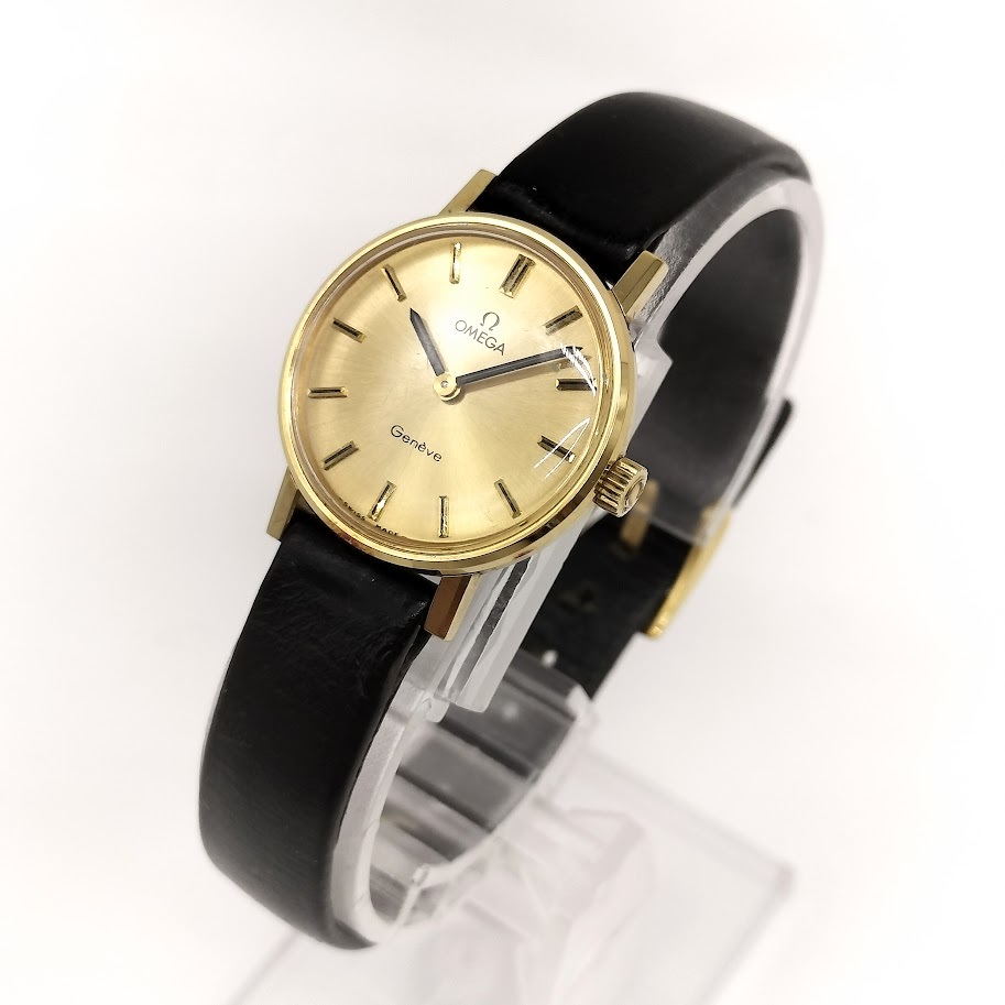 【AH-15】稼働品　OMEGA　Geneve　オメガ　ジュネーブ　Ω　レディース腕時計　手巻き　文字盤ゴールドカラー　純正ベルト　ヴィンテージ