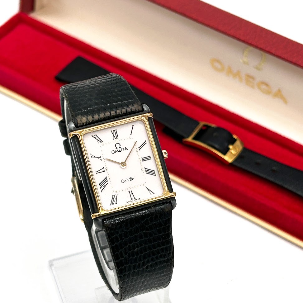 【AH-8】OMEGA　オメガ　Deville　1450　MR.191.0221　ゴールド×ブラック　QUARTZ　スクエア　レディース腕時計　純正ベルト/ケース付