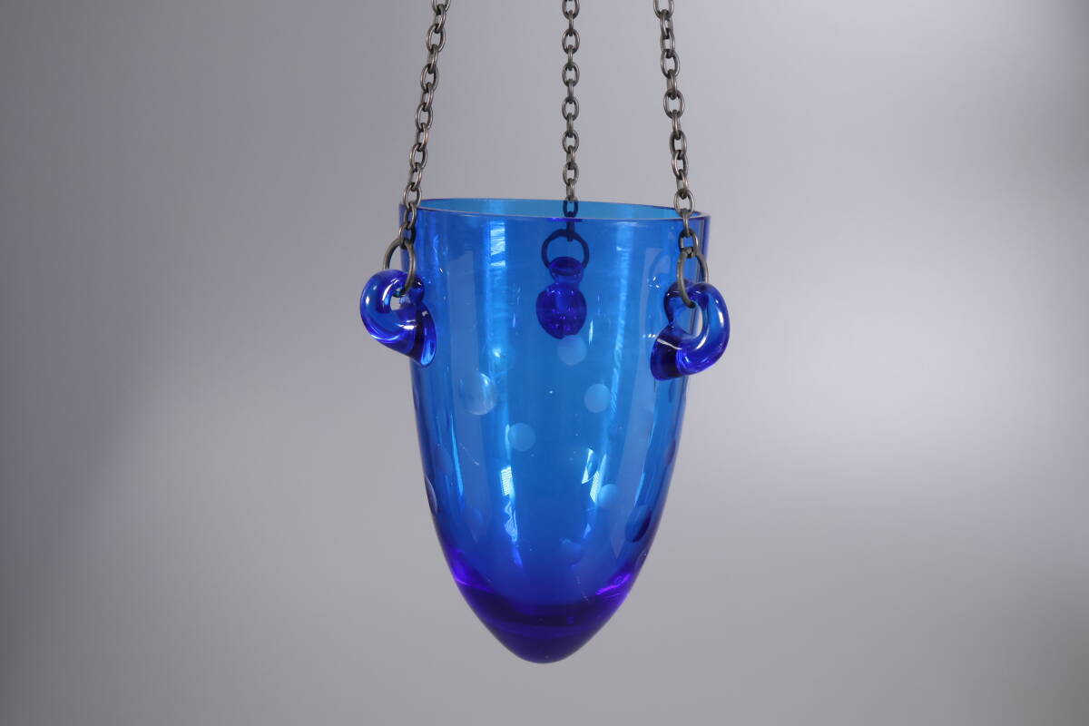 【和】(A4788)　時代古作　大正昭和　水玉切子吊り花生　花瓶　藍ガラス　珍品　大正ロマン