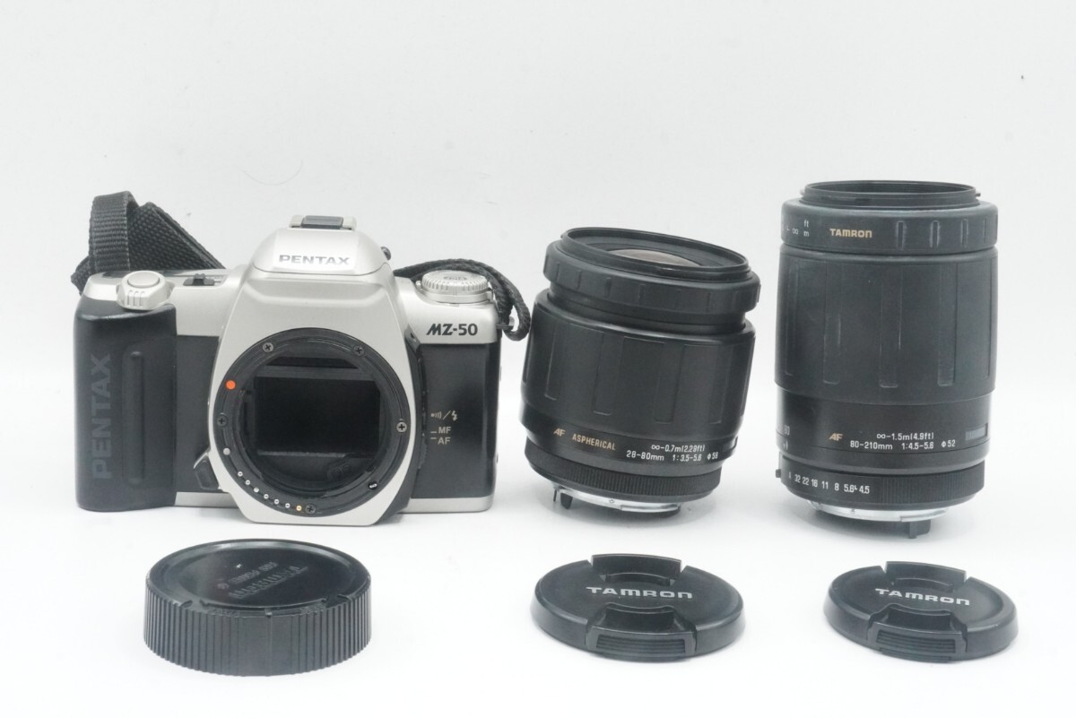 ペンタックス フィルム一眼レフカメラ(PENTAX MZ-50),レンズ2本(TAMRON 28-80mm F3.5-5.6,80-210mm F4.5-5.6)レンズ実写確認済 キャップ付