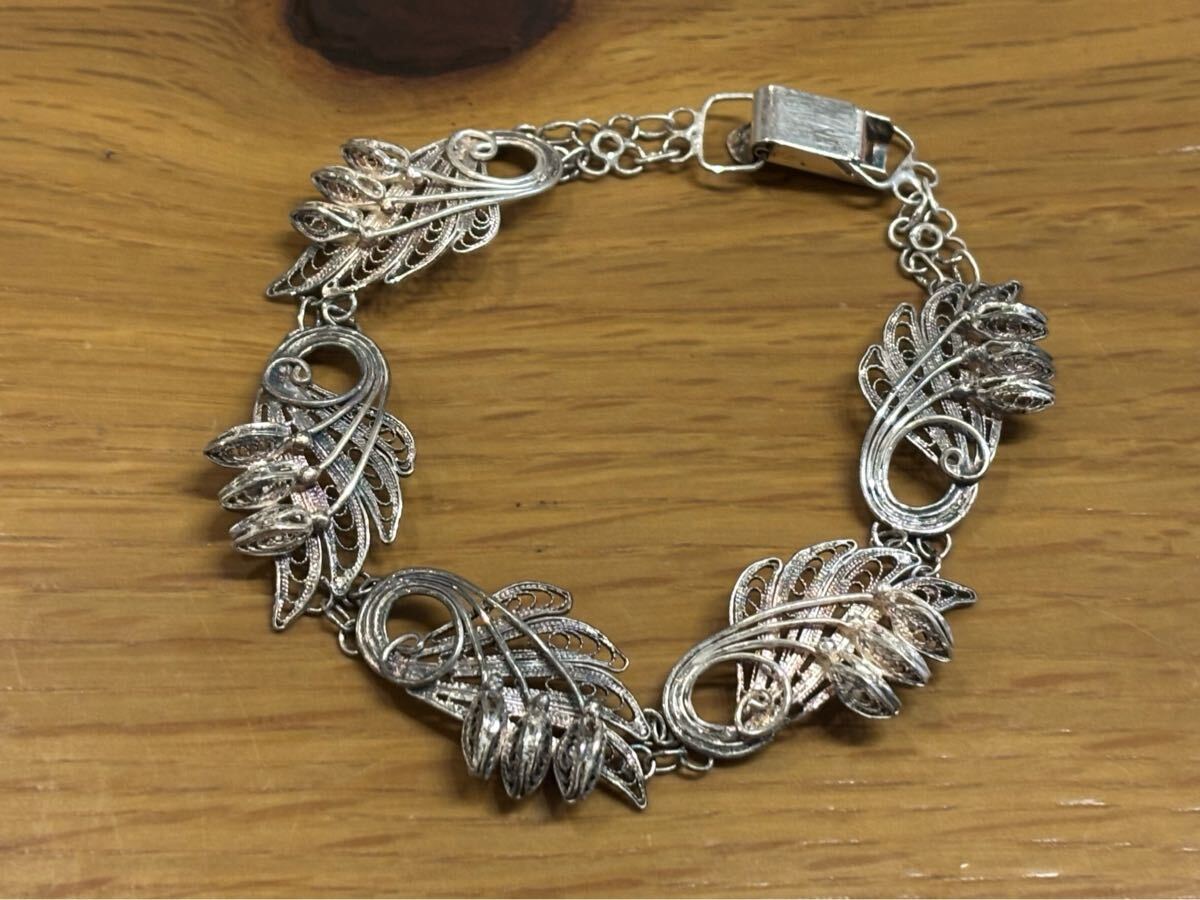 ヴィンテージ シルバー・フィリグリー ブレスレット 銀線細工 リーフ/フェザー SILVER925 ミッドセンチュリー 1960年代？ 重さ約10.64g 