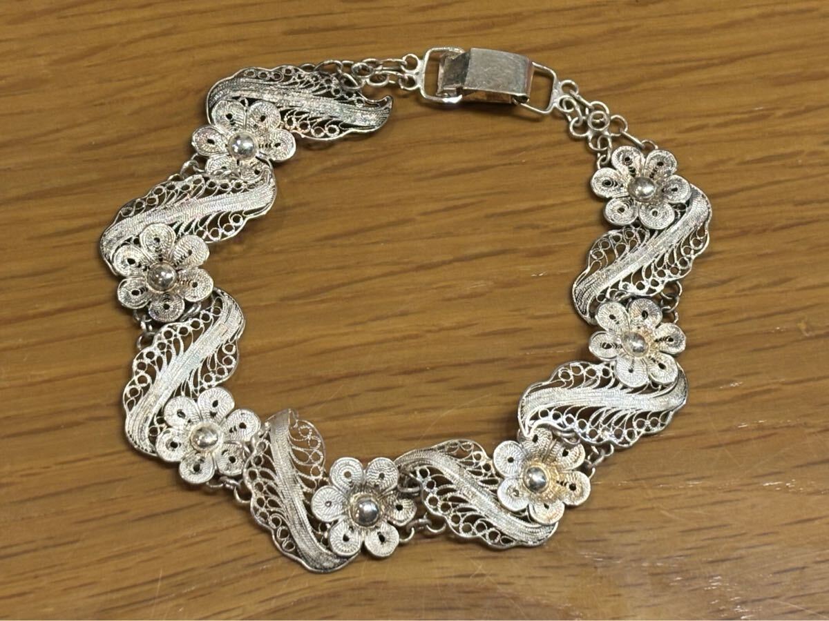 ヴィンテージ シルバー・フィリグリー ブレスレット 銀線細工 リーフ/花 SILVER925 ミッドセンチュリー 重さ約9.12g アンティーク 希少