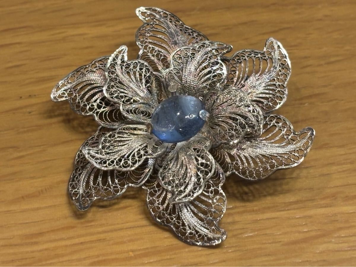 ヴィンテージ シルバー・フィリグリー ブローチ 銀線細工 フラワー/花 SILVER925 ミッドセンチュリー Cクラスプ 重さ約10.63g アンティーク