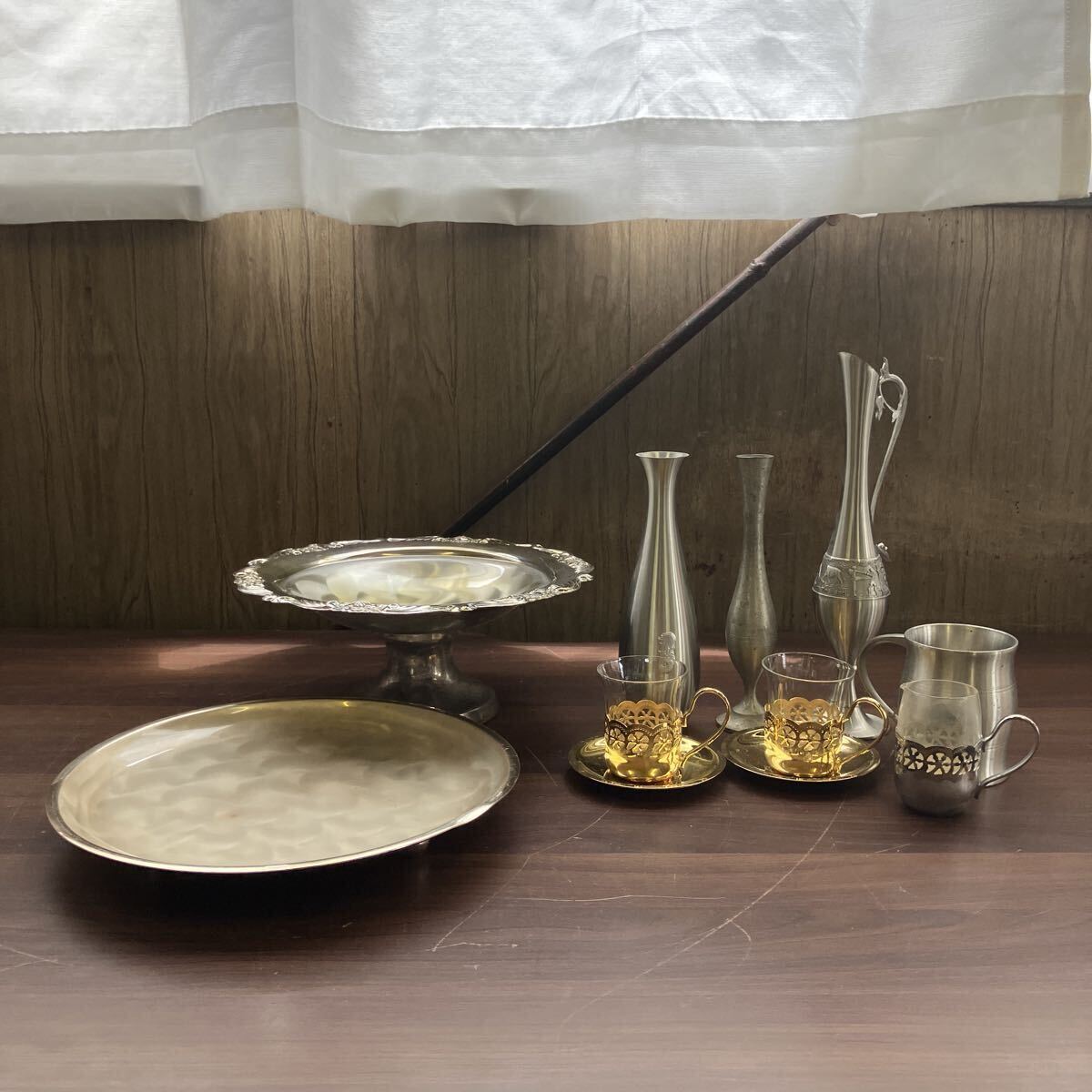 当時物 トレイ ミルクピッチャー まとめて 昭和レトロ HANDFINISHED マーシャン? コンポート皿 アンティーク 銀メッキ マーライオン 一輪挿
