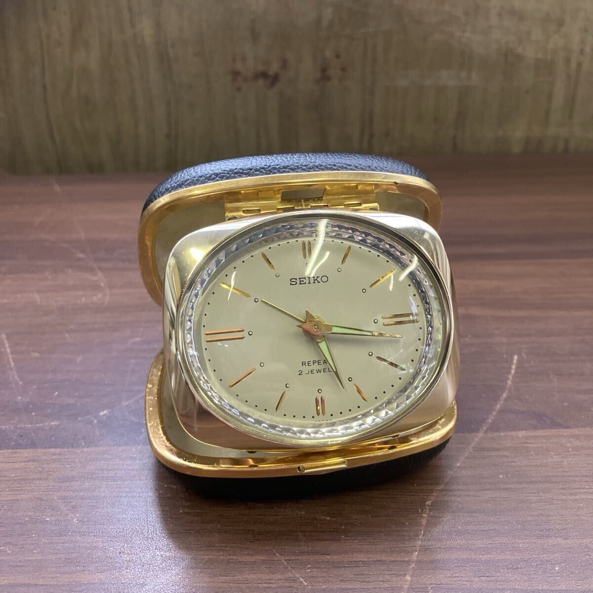 昭和レトロ SEIKO セイコー REPEAT 2 JEWELS 手巻き式 トラベルクロック 置き時計 当時物 ゴールド 時計 
