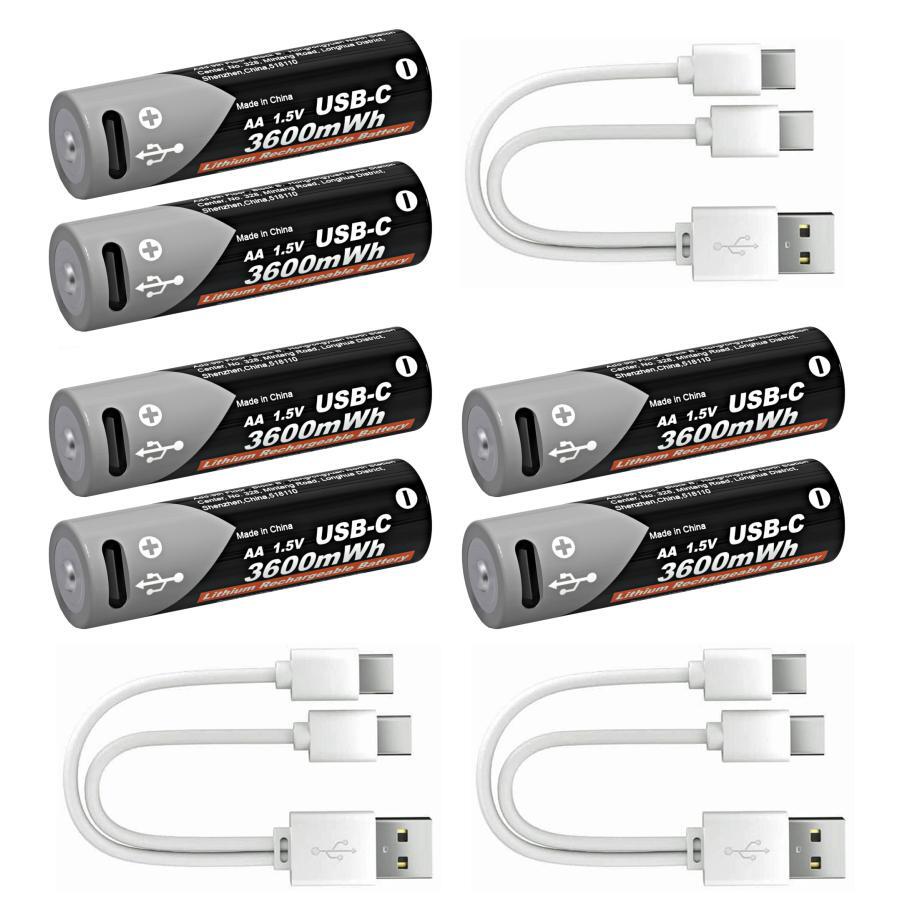 6個セット 単3形 充電池 1200回繰り返し 充電式 (USB C/A急速充電ケーブル付) 1.5V 3600mWh リチウム充電池 液漏れ防止 リモコン等