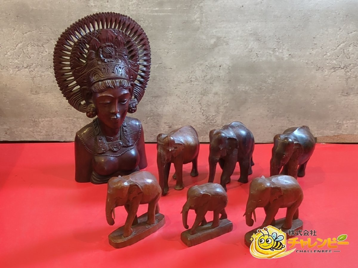 1円～　木製　木彫り　オブジェ　置物　民芸品　7点　約5.2㎏　まとめ売り　インテリア小物　バリ島 / 女性 / 象 / ゾウ