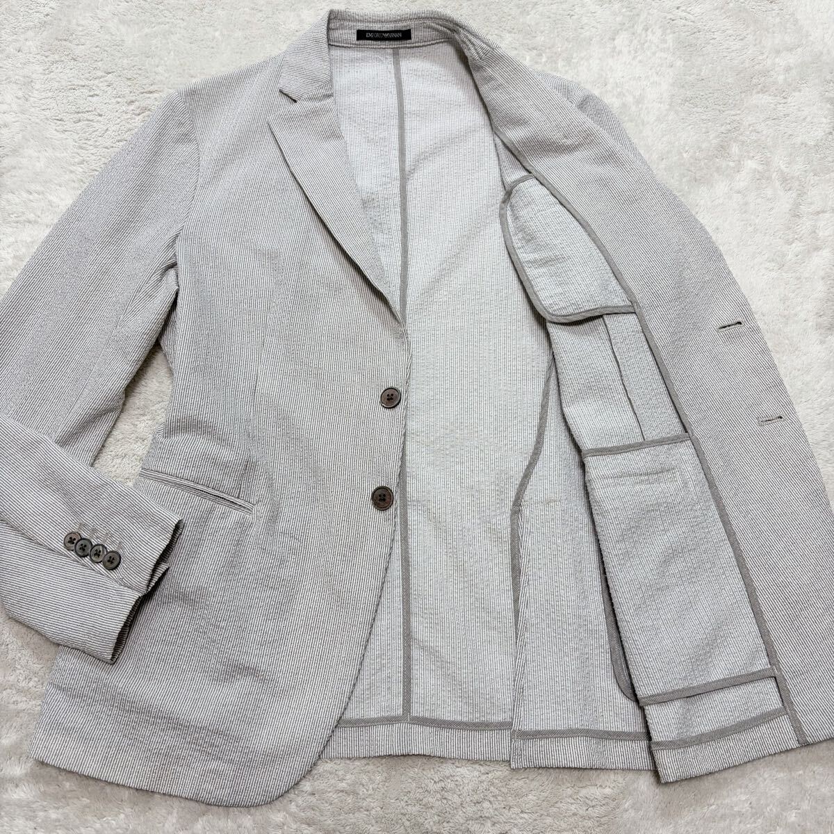 美品!/L相当●黒タグ エンポリオアルマーニ EMPORIO ARMANI テーラードジャケット シアサッカー アンコン パイピング アウター サマー 夏