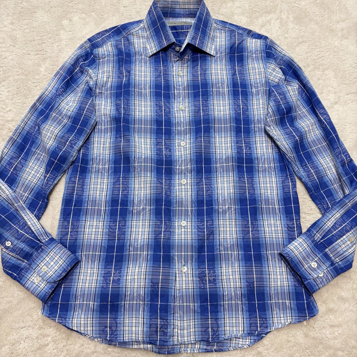 極美品!/超希少!/ペイズリー柄/近年モデル●エトロ ETRO シャツ 長袖 総柄 ブルー系 ロゴボタン トップス 春夏 メンズ コットン ダウン M