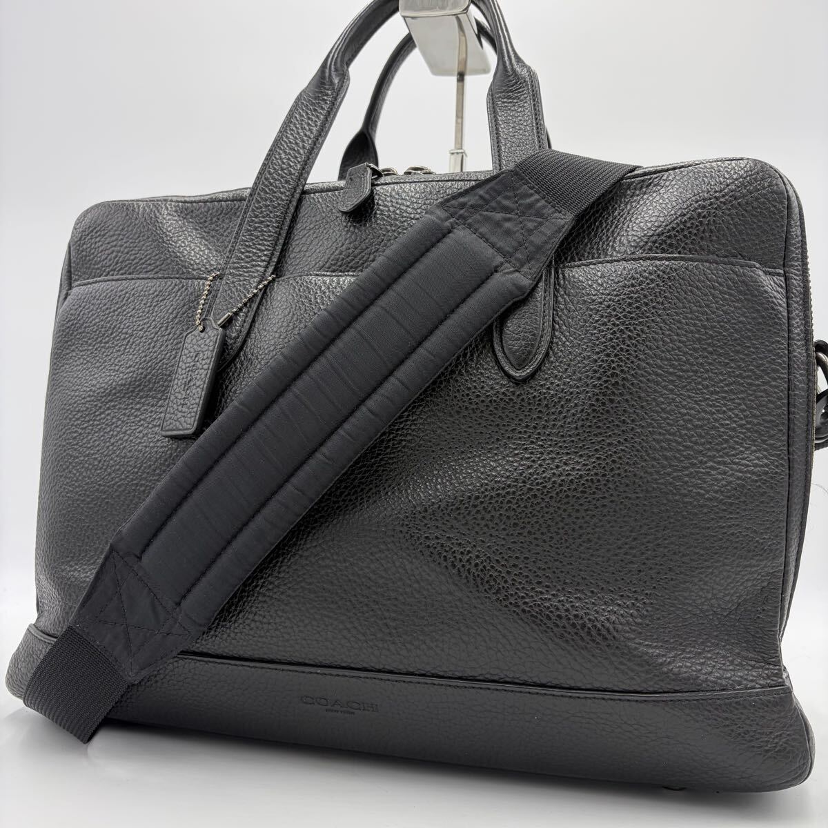 極美品!/希少2室●コーチ COACH 2way メンズ A4 ビジネスバッグ PC可 ブリーフケース ブラック シボ革 レザー ショルダー 斜め掛け 黒 本革