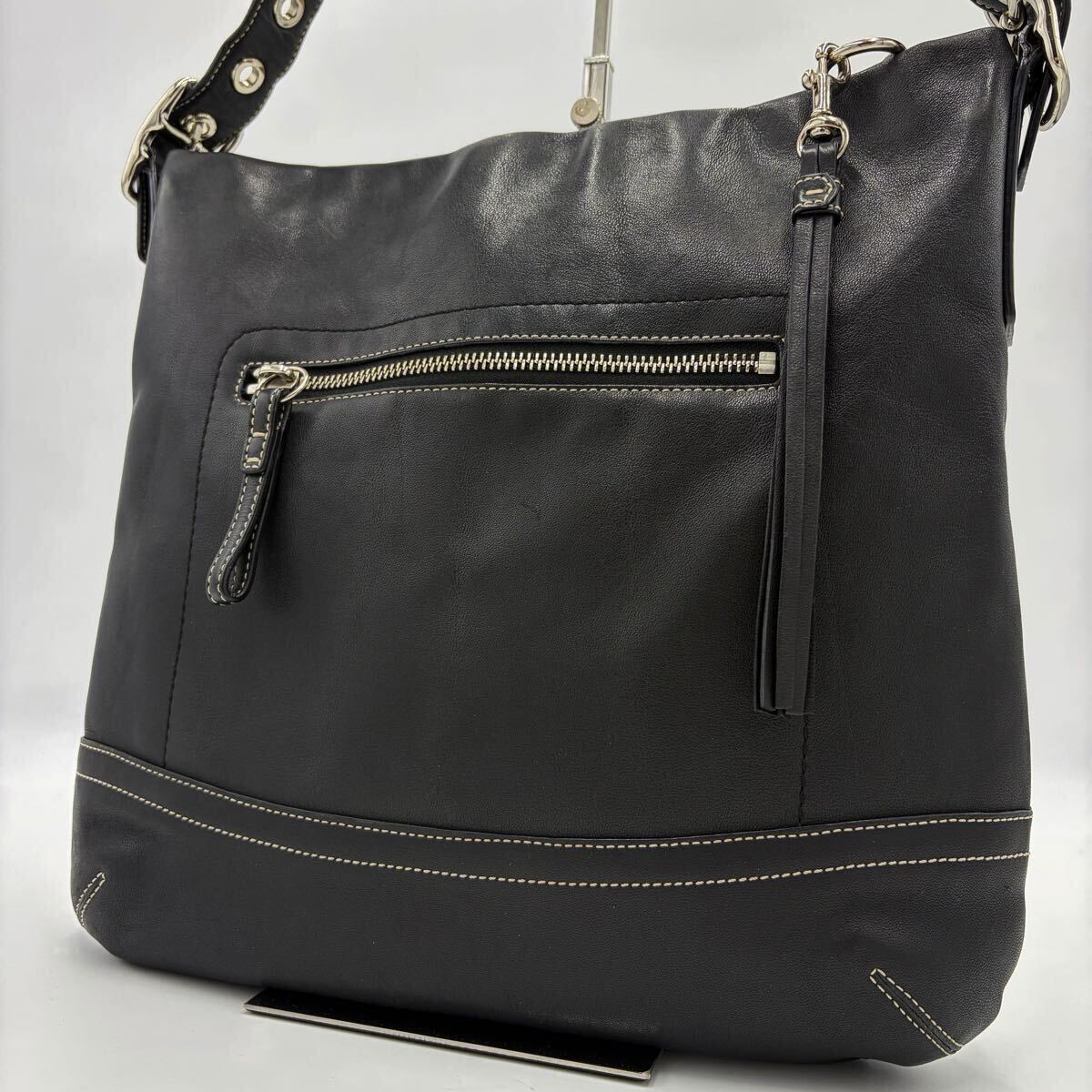 美品!●コーチ COACH メンズ サコッシュ ショルダーバッグ 斜め掛け レザー ステッチ クロスボディ ビジネス ブラック 黒 タッセル 本革 