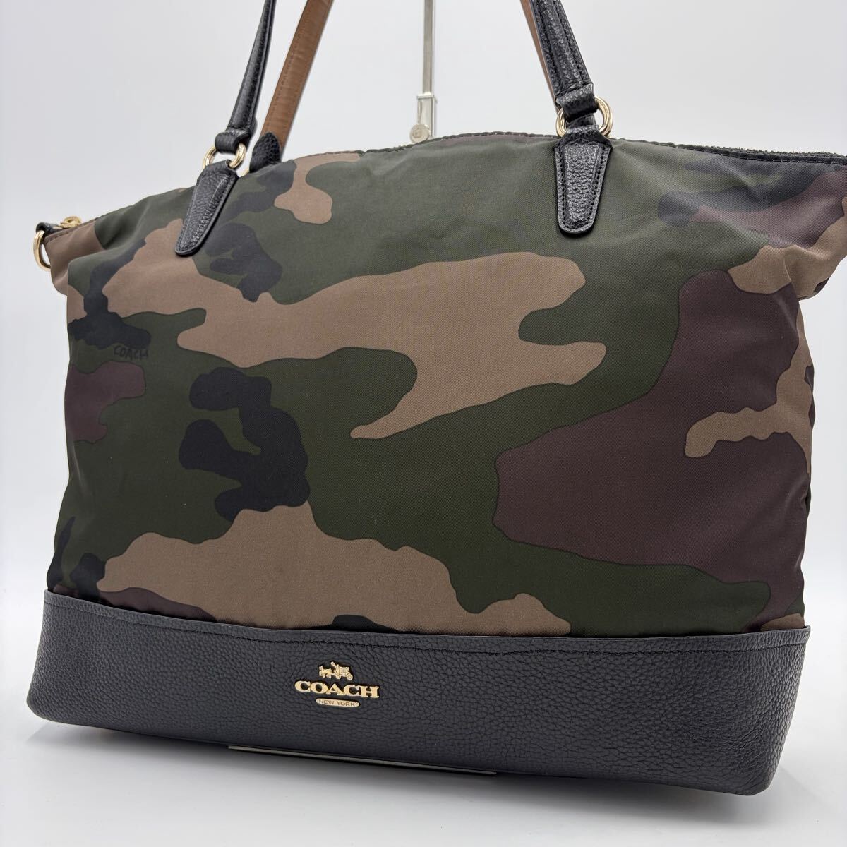美品!/希少モデル●コーチ COACH メンズ トートバッグ 肩掛け A4可 カモフラ ビジネス レザー×ナイロン ロゴ金具 本革 迷彩柄 鞄 カバン