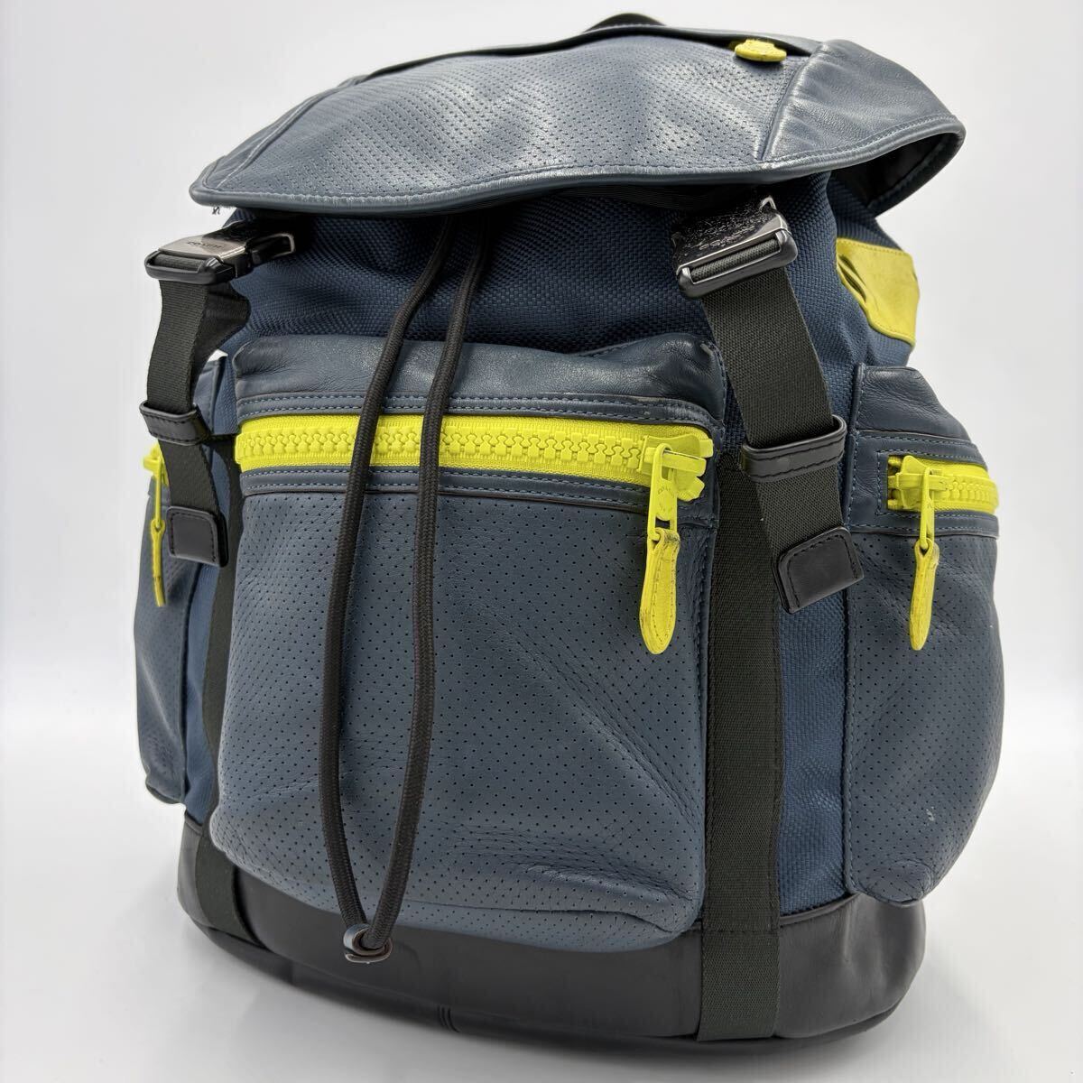 希少カラー●コーチ COACH メンズ リュック パフォレイテッド A4可 ネイビー系 レザー 本革 ビジネス バックパック デイパック 大容量 