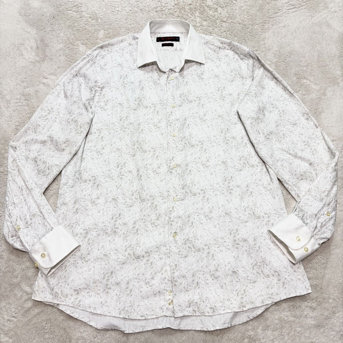 美品!/XLサイズ/希少デザイン●エトロ ETRO シャツ 長袖 総柄 ドレスシャツ ロゴボタン ホワイト系 トップス 春夏 メンズ コットン 綿 43