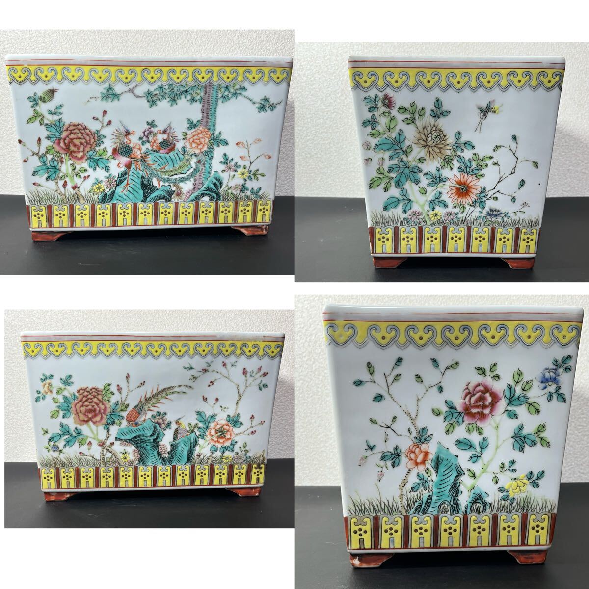 中国古玩 粉彩 色絵 長方形植木鉢　盆栽器 時代物　重約4.27kg