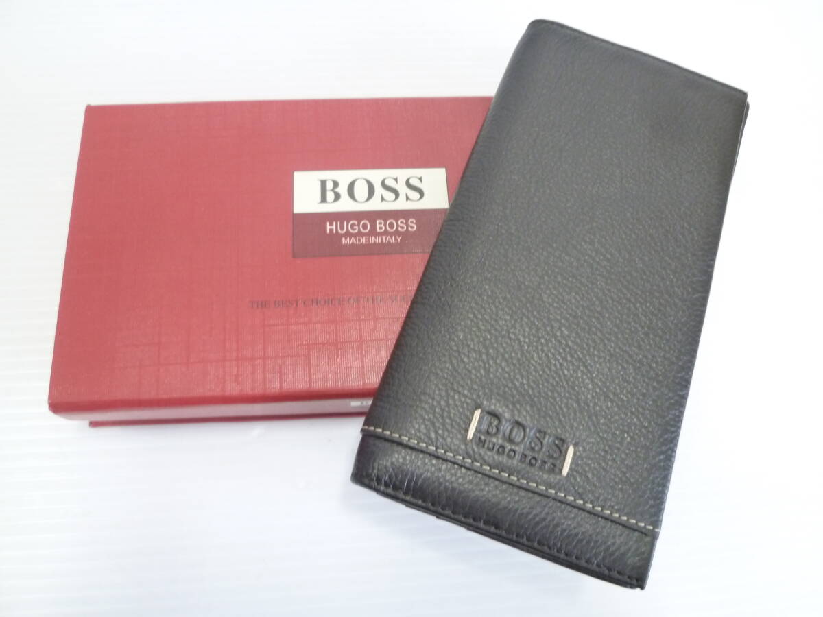 76437◆サイフ HUGO BOSS/ヒューゴ・ボス 長財布 ブラックカラー×ブラウンカラー/黒色×茶色系 元箱有◆