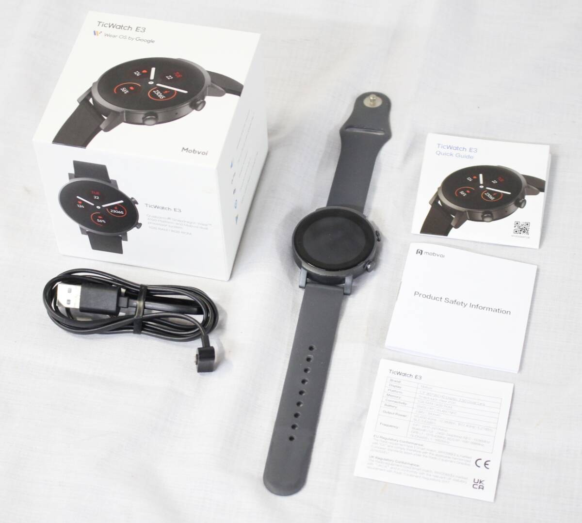 【0630C】(1728) mobvoi TicWatch E3 初期化済 スマートウォッチ クイックガイド 訳アリ 画面ヤケ 充電発熱 ジャンク品