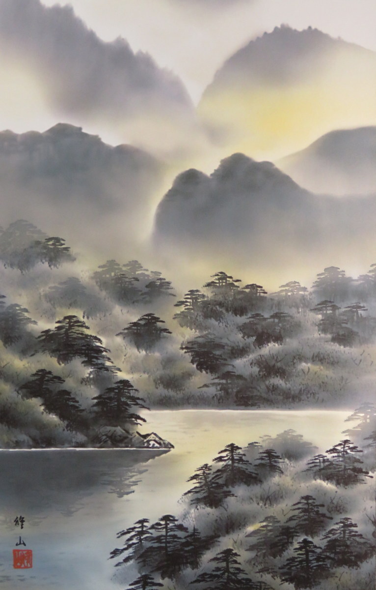 JY1438◆◇掛軸 江本修山 彩色山水 尺五立 現代作家新作掛軸◇◆年中掛け 普段掛け 日本画