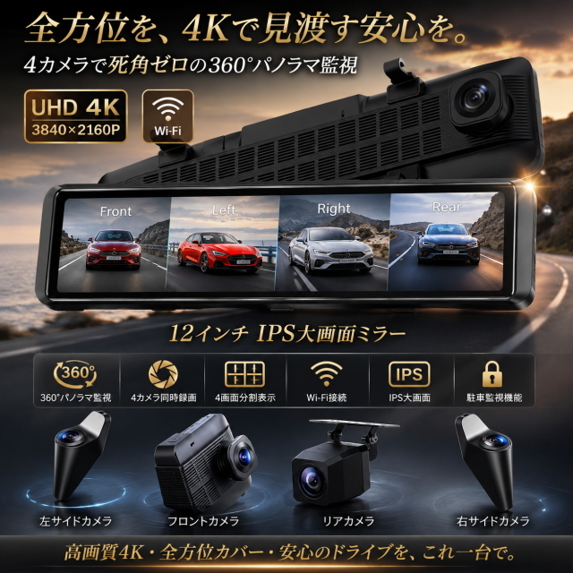 12インチミラー型ドライブレコーダー 4カメラ360°全方位監視 4K UHD高画質録画 WiFi搭載 GPS対応 IPS液晶 分割表示 駐車監視Gセンサー搭載