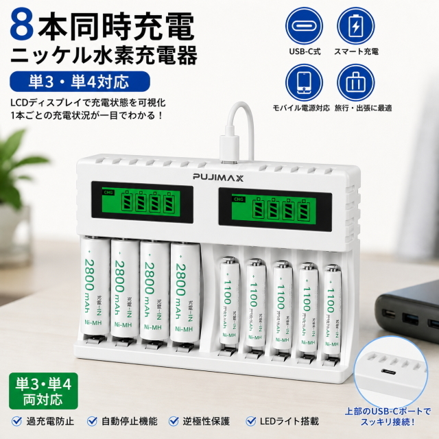 USB-C式 8本同時充電 ニッケル水素充電器 単三単四対応 Lcd表示 スマート充電 乾電池充電器 モバイル電源対応 旅行でも急速充電 電池充電器