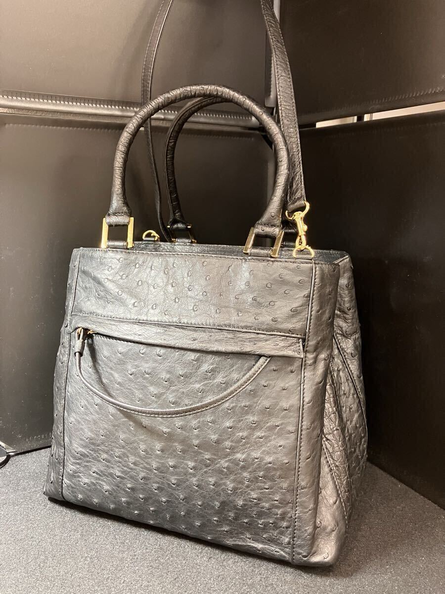 ［T11558］クラインカルー KLEIN KAROO JRA認定品 オーストリッチ 2WAY ハンドバッグ 　エキゾチックレザー　ブラック