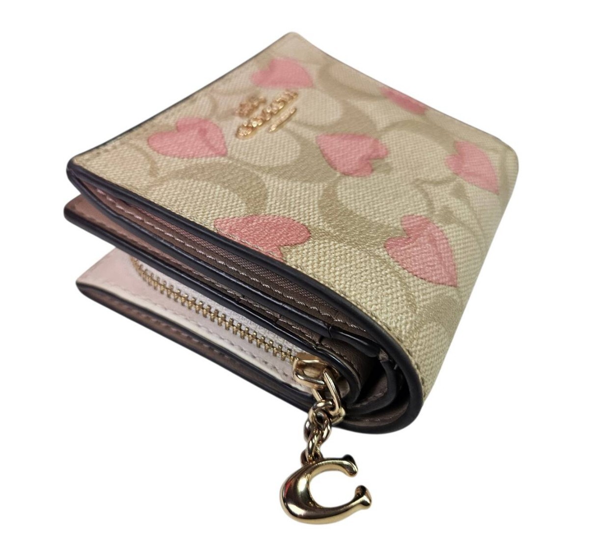 COACH コーチ 二つ折り財布 シグネチャー ハート柄 ピンク ベージュ コンパクトウォレット レディース MN257