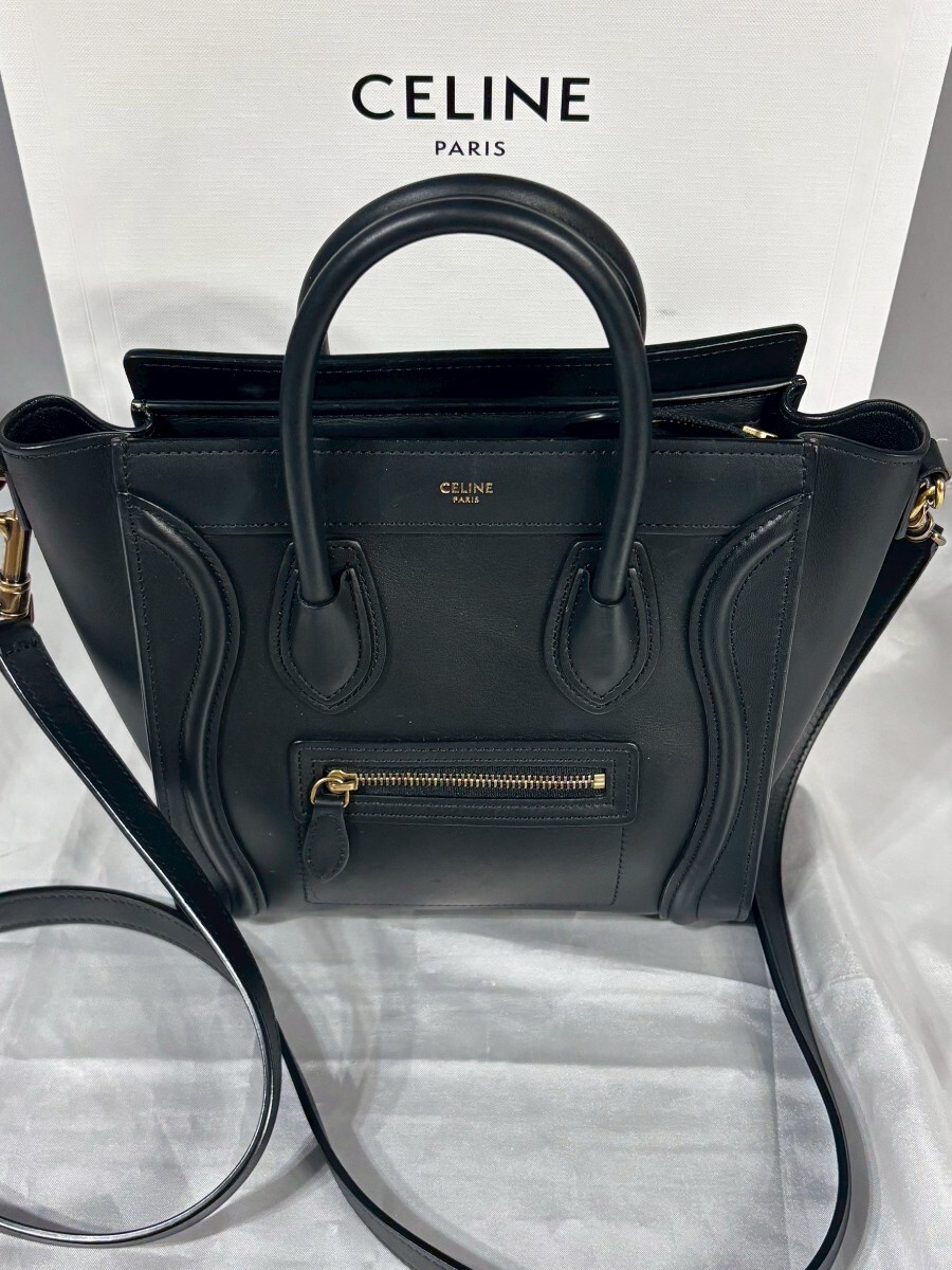 CELINE セリーヌ ラゲージ ナノショッパー 2WAY ハンドバッグ ショルダーバッグ ブラック レザー 保存袋付き レディース　MN214