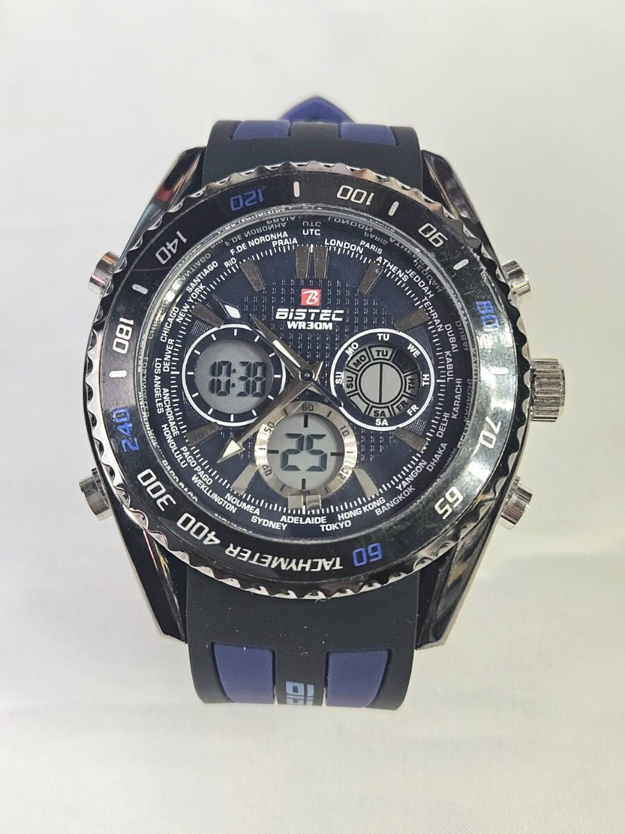 BISTEC デジアナ腕時計 WR30M ブラック×ブルー ラバーベルト メンズ クォーツ　MN230