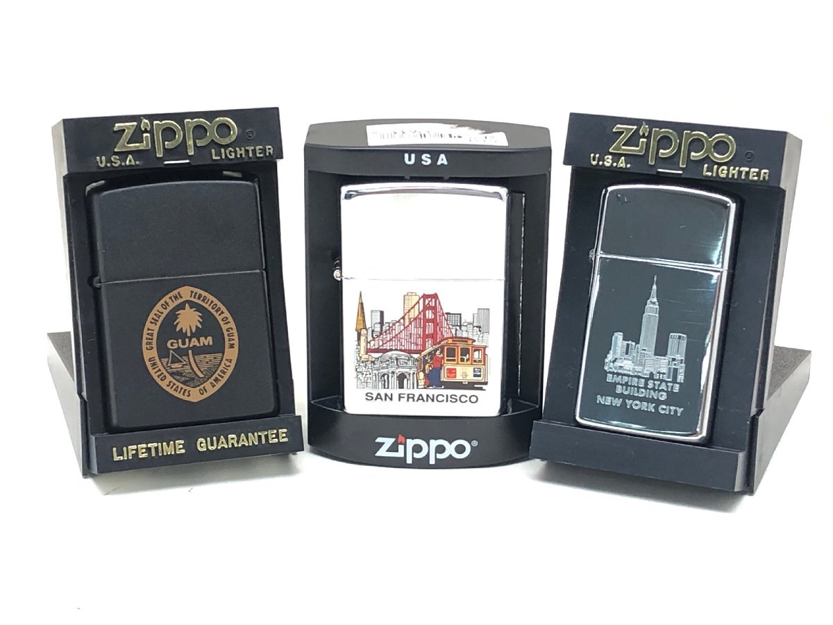 ■Zippo サンフランシスコ 2004 / ニューヨークシティ 2000 / グアム 1996 オイルライター 3点 まとめ 火花あり 現状渡し 中古【UW050543】