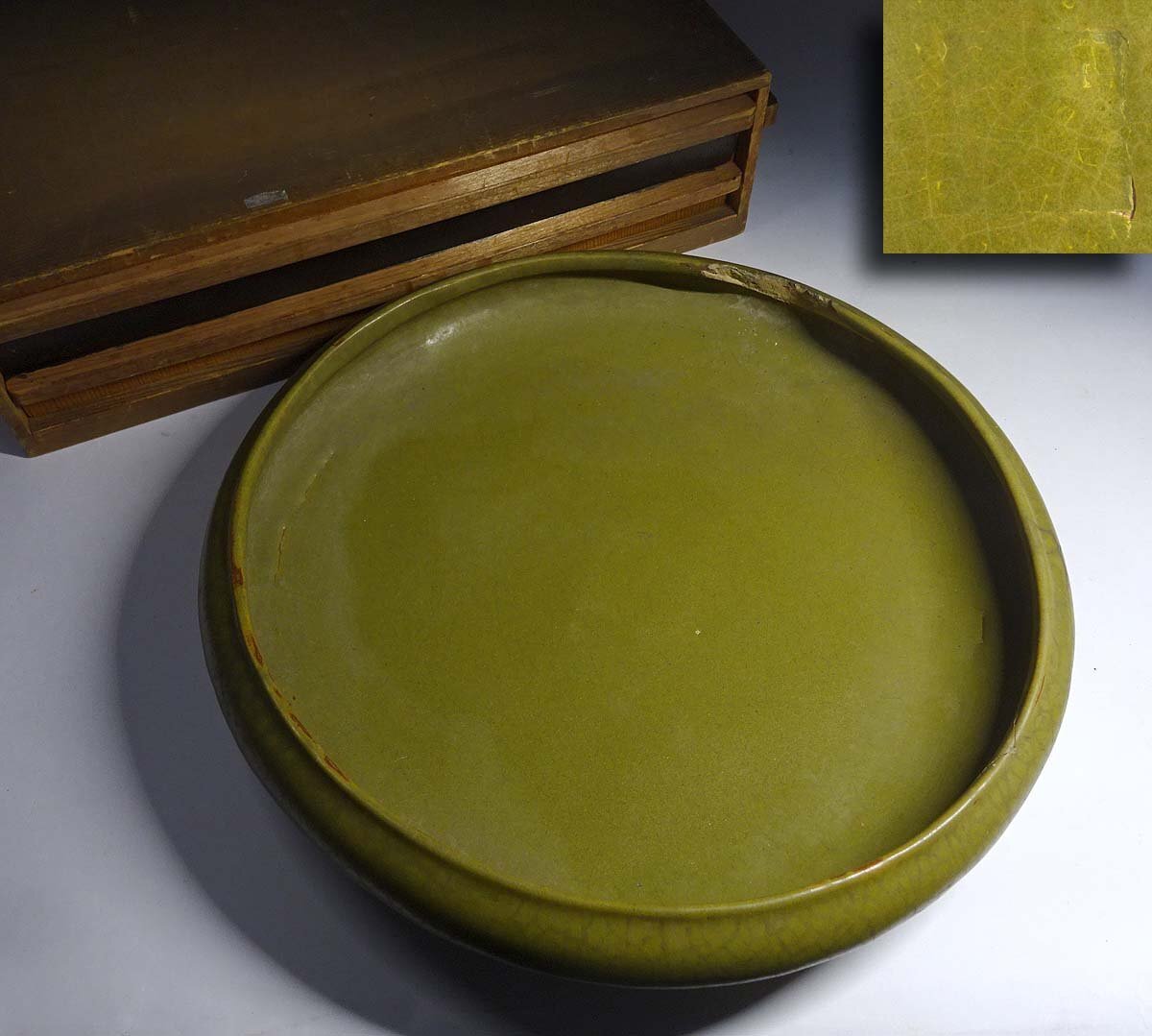 緑屋s■ 中国古玩　蕎麦釉　水盤　木箱　幅約34.5cm　唐物 時代物　i9/6-6135/22-6#120