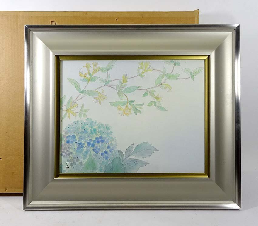 【模写】緑屋s■ 額装　堀文子 『春風』 アジサイ 絹本　旧家初出し　　km/6-251/31-1#160