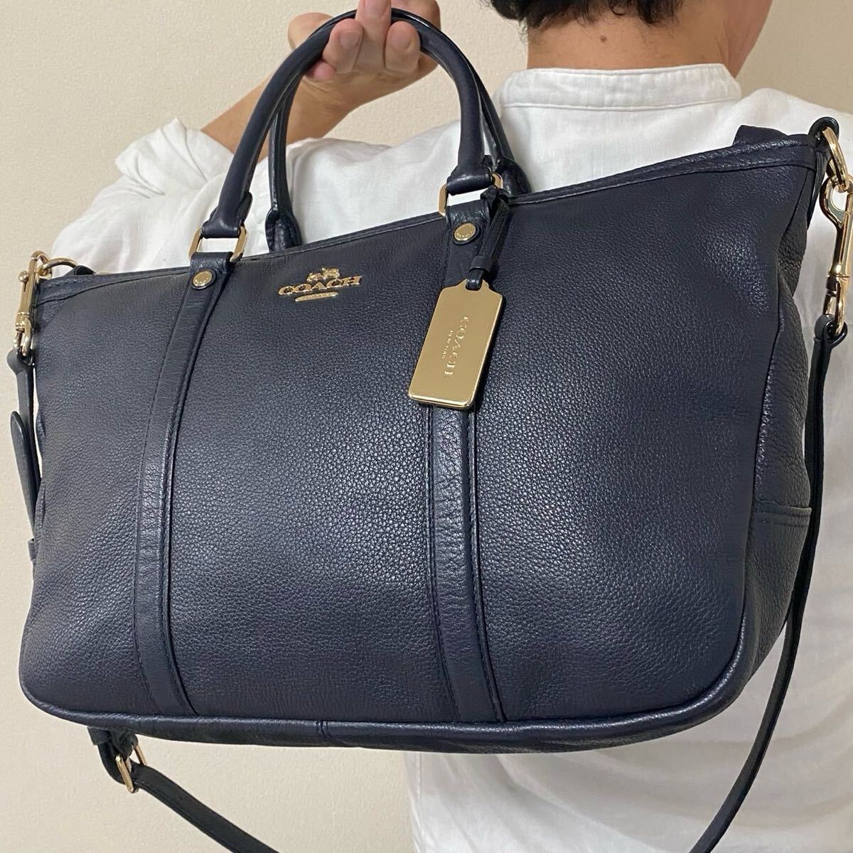 極美品●A4収納●COACH コーチ メンズ トートバッグ 肩掛け 2way ショルダー ビジネスバッグ オールレザー 本革 ネイビー 書類 かばん １円