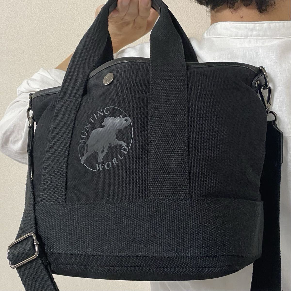極美品●A4収納●HUNTING WORLD ハンティングワールド メンズ トートバッグ 2way 肩掛け キャンバス レザー 本革 ブラック 書類 大容量
