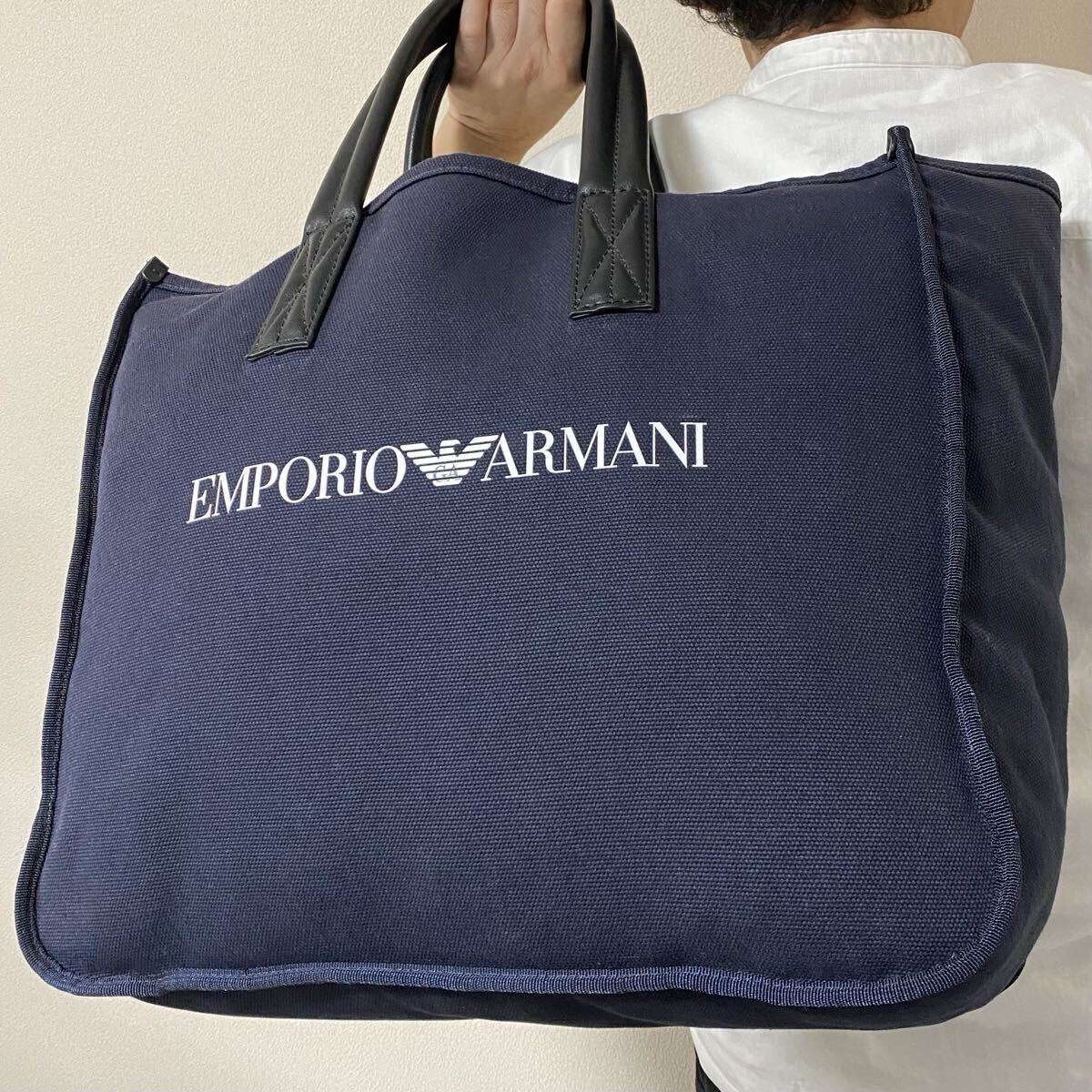 特大!!大容量/美品●EMPORIO ARMANI エンポリオアルマーニ メンズ トートバッグ A4収納 肩掛け キャンバス ビジネス ポーチ付き ネイビー