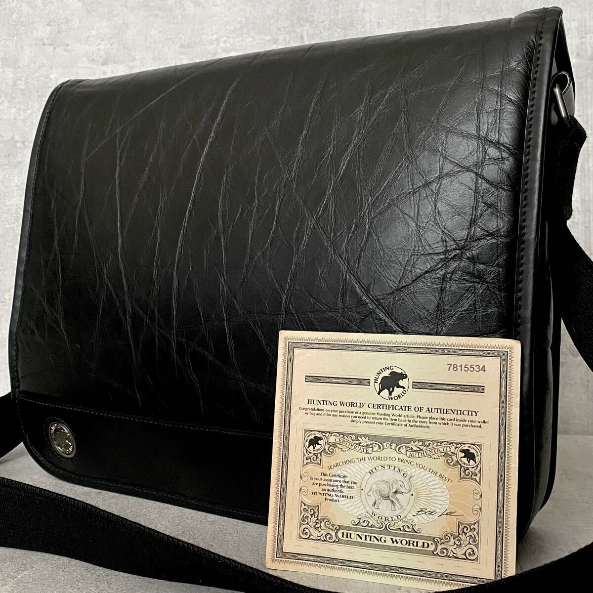 極美品●大容量●ハンティングワールド HUNTING WORLD メンズ ビジネス メッセンジャーバッグ ショルダー バチューレザー A4収納 斜め掛け 