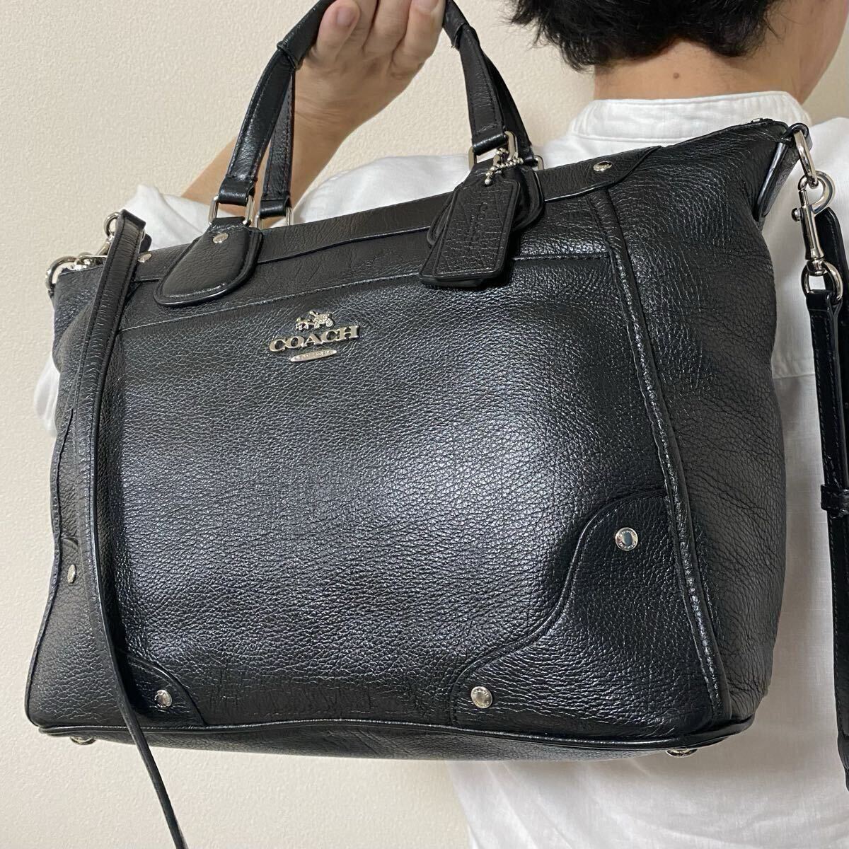 極美品●A4収納●COACH コーチ メンズ トートバッグ 肩掛け 2way ショルダー ビジネスバッグ オールレザー 本革 書類 かばん ブラック １円