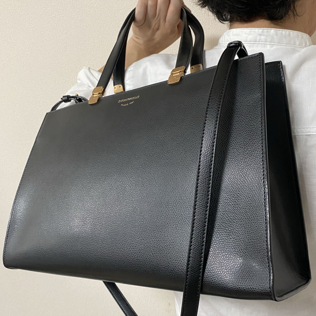 希少/美品●A4収納●エンポリオアルマーニ EMPORIO ARMANI メンズ トートバッグ 2way ビジネス 大容量 レザー 本革 かばん 書類 通勤 黒