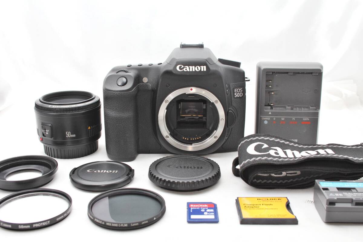 ★【動作〇 極上美品 おすすめ】 Canon EOS 50D ボディ EF50mm F1.8 II スターティングセット SanDiskSDカード 8GB バッテリー充電器付き