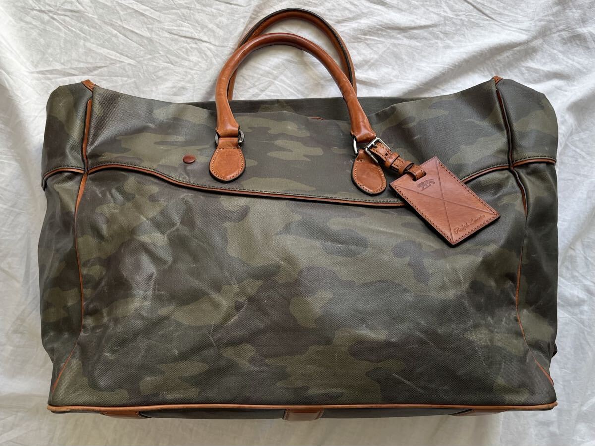 最高級ライン Ralph Lauren Purple Label ボストンバッグ レザー 迷彩 ラルフローレン パープルレーベル ケース付き 本革 ベルト バックル