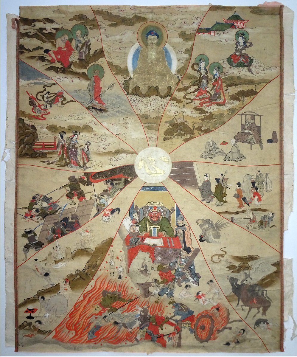 【掛け軸】　仏教美術　仏画　「地獄絵図」　真作　真筆保証　杉箱入　地獄変相　閻魔大王　三途の川　仏界　地蔵信仰　　不動明王　
