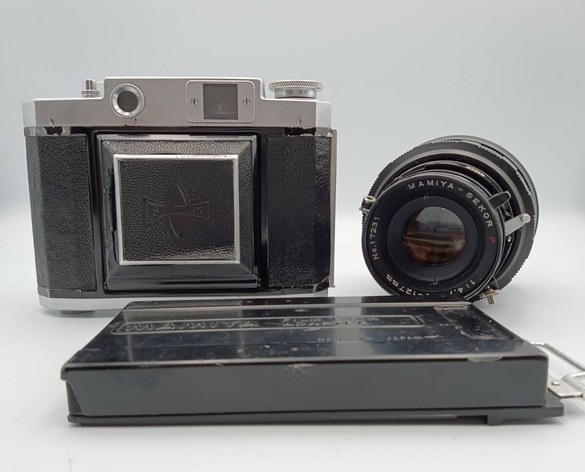 【ジャンク】 Mamiya マミヤ 6 中判カメラ、SEKOR セコール P 127mm 1:4.7、FILM PACK ADAPUTER フィルムパックアダプター 動作未確認