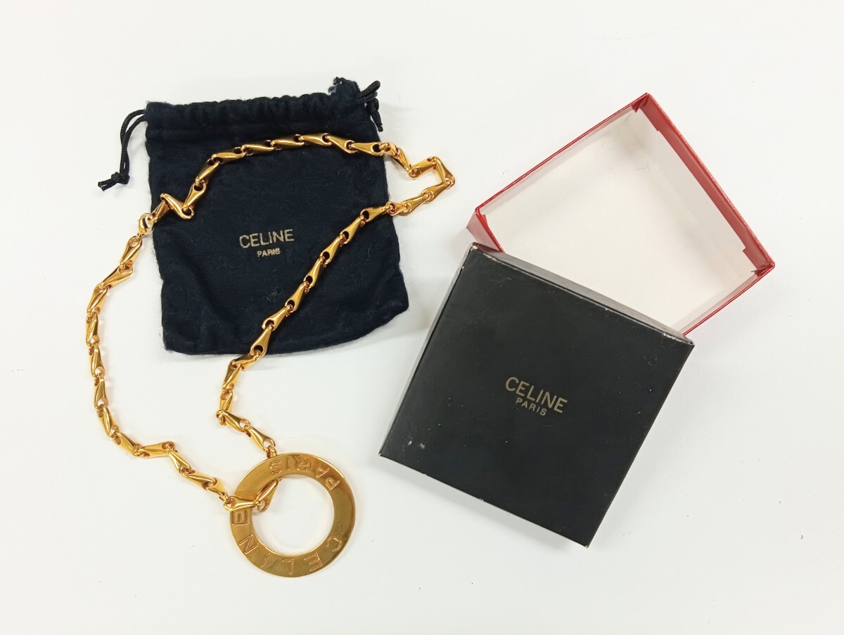 1円スタ CELINE セリーヌ サークルロゴロングネックレス チェーン ゴールドカラー アクセサリー レディース 箱付き 現状品 【K001382】