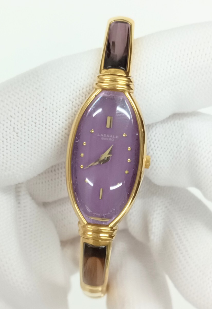 1円スタ 稼働 SEIKO LASSELE ラサール 1F20-6F40 QZ オーバル パープル文字盤 2026年5月電池交換済 動作未確認 現状品 【K001374】