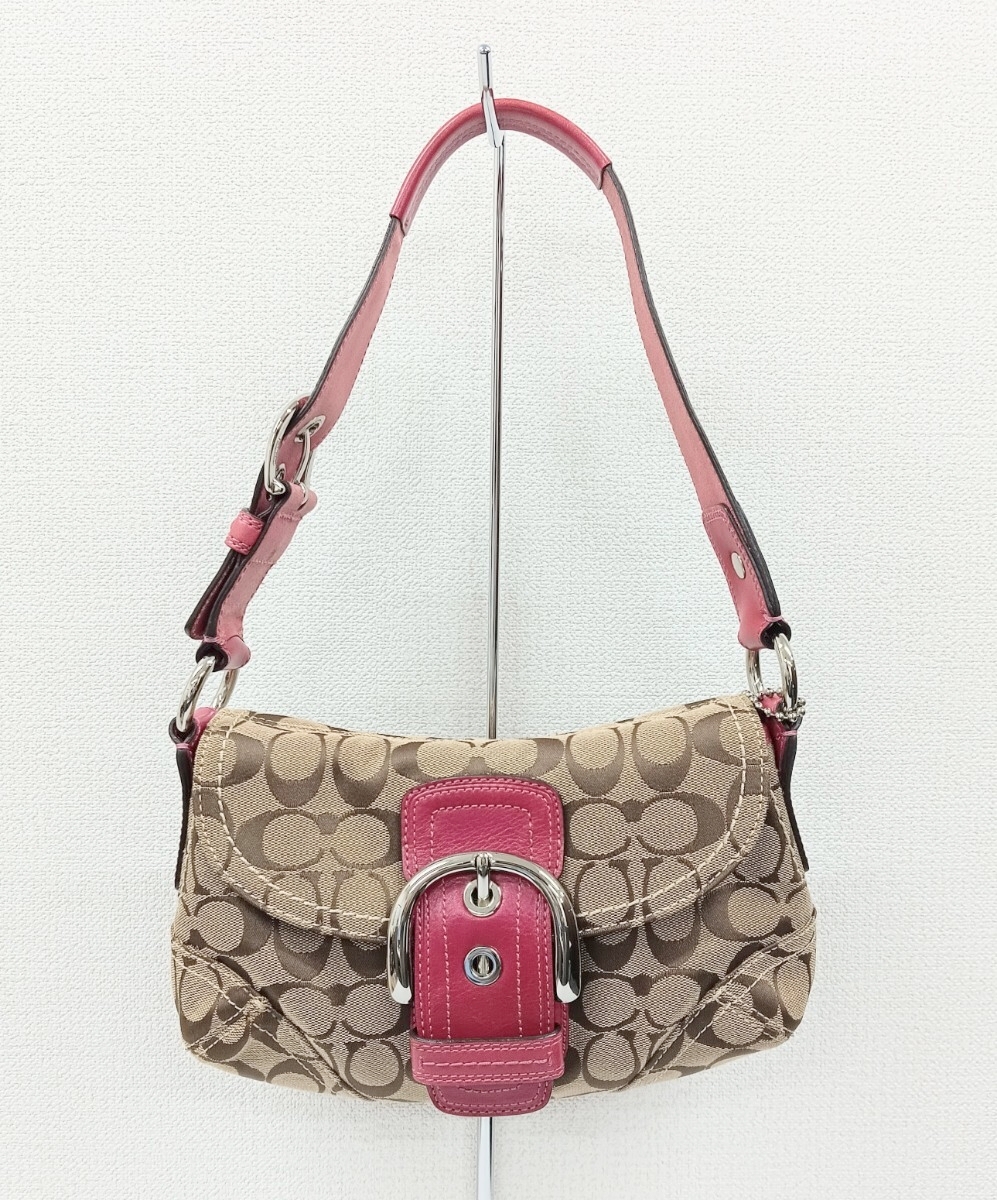 1円スタ COACH コーチ 11860 シグネチャー ベージュ×ピンク系 ハンドバッグ ワンショルダー キャンバス レディース 現状品 【K001380】