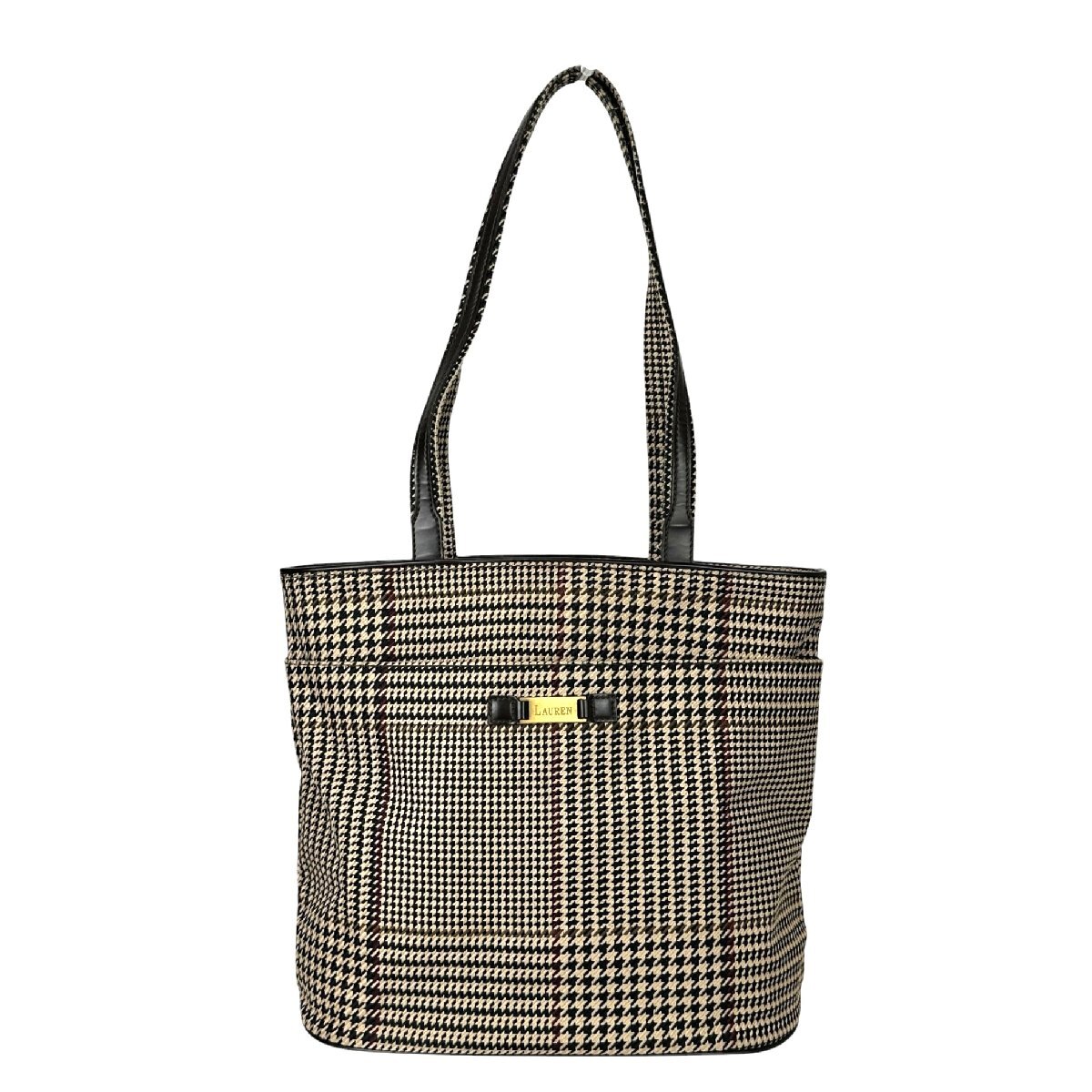 [9356-003A］ RALPH LAUREN ハンドバッグ 【中古品】 レディースバッグ トートバッグ ベージュ系 千鳥格子 ラルフローレン 1円スタート