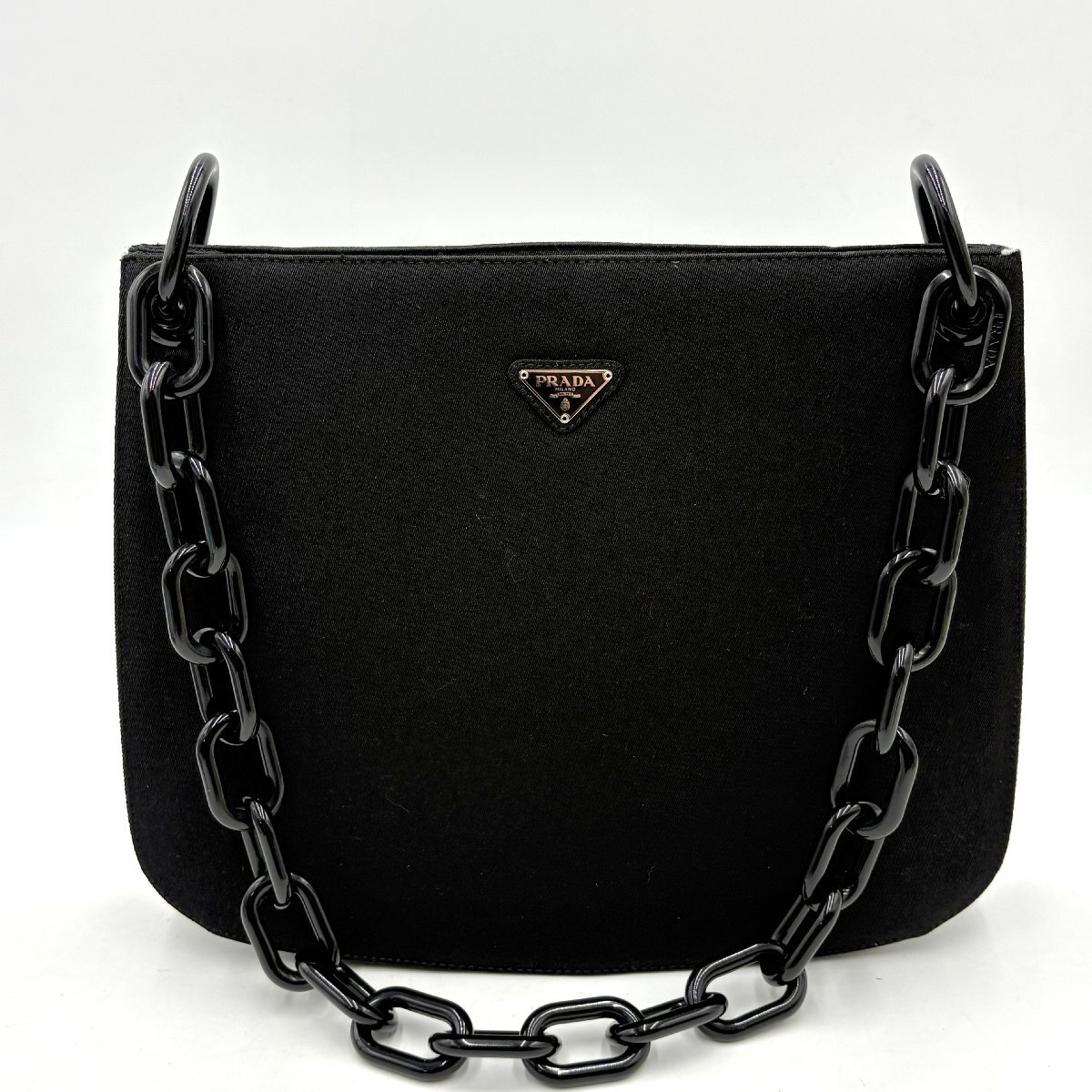 1円/極美品◎PRADA プラダ TESSUTO SWING 三角ロゴプレート プラスチックチェーン ショルダーバッグ ブラック 黒 レディース B6379
