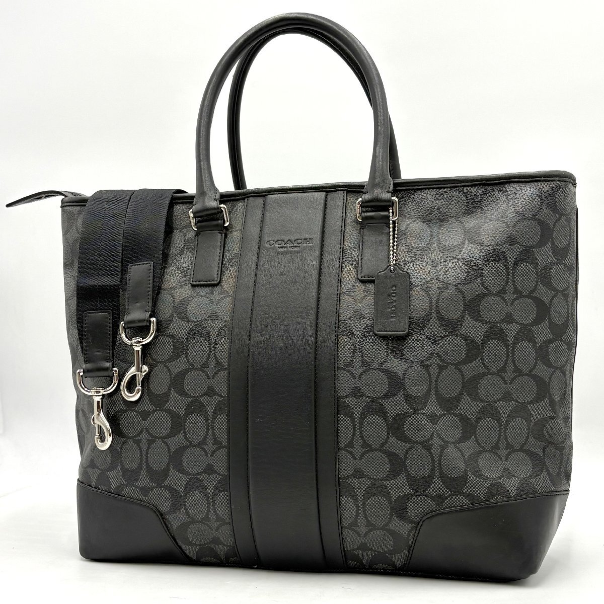 1円/極美品◎COACH コーチ ヘリテージ ストライプ シグネチャー 2way トートバッグ ショルダー メンズ ビジネスバッグ ブラック A4可